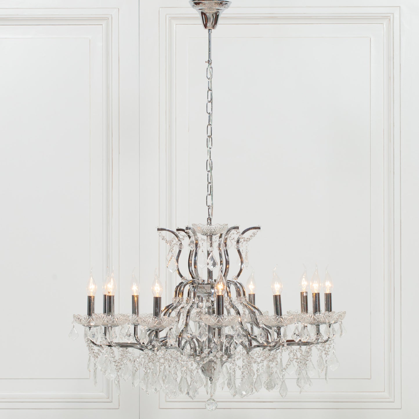 Antiqued Chrome 12 Branch Shallow Cut Glass Chandelier