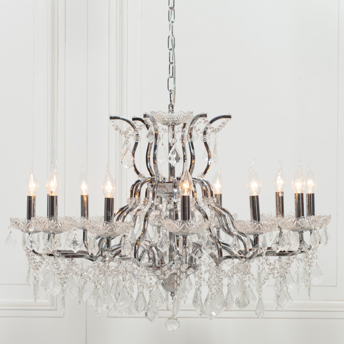 Antiqued Chrome 12 Branch Shallow Cut Glass Chandelier