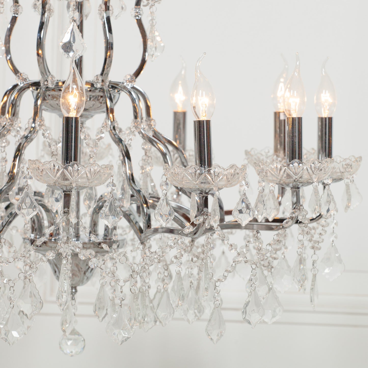 Antiqued Chrome 12 Branch Shallow Cut Glass Chandelier