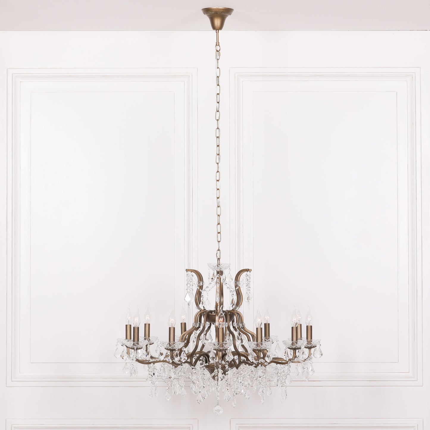 Antiqued Gold 12 Branch Shallow Cut Glass Chandelier