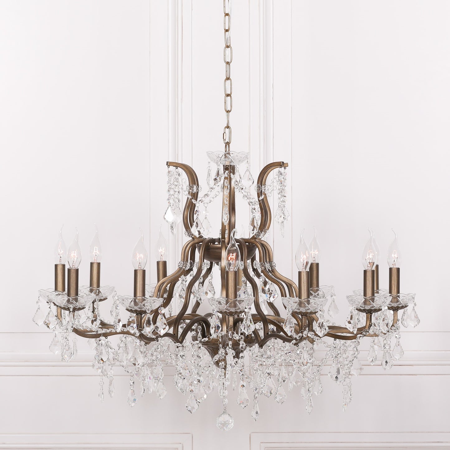 Antiqued Gold 12 Branch Shallow Cut Glass Chandelier