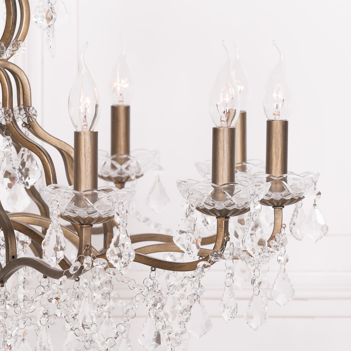 Antiqued Gold 12 Branch Shallow Cut Glass Chandelier