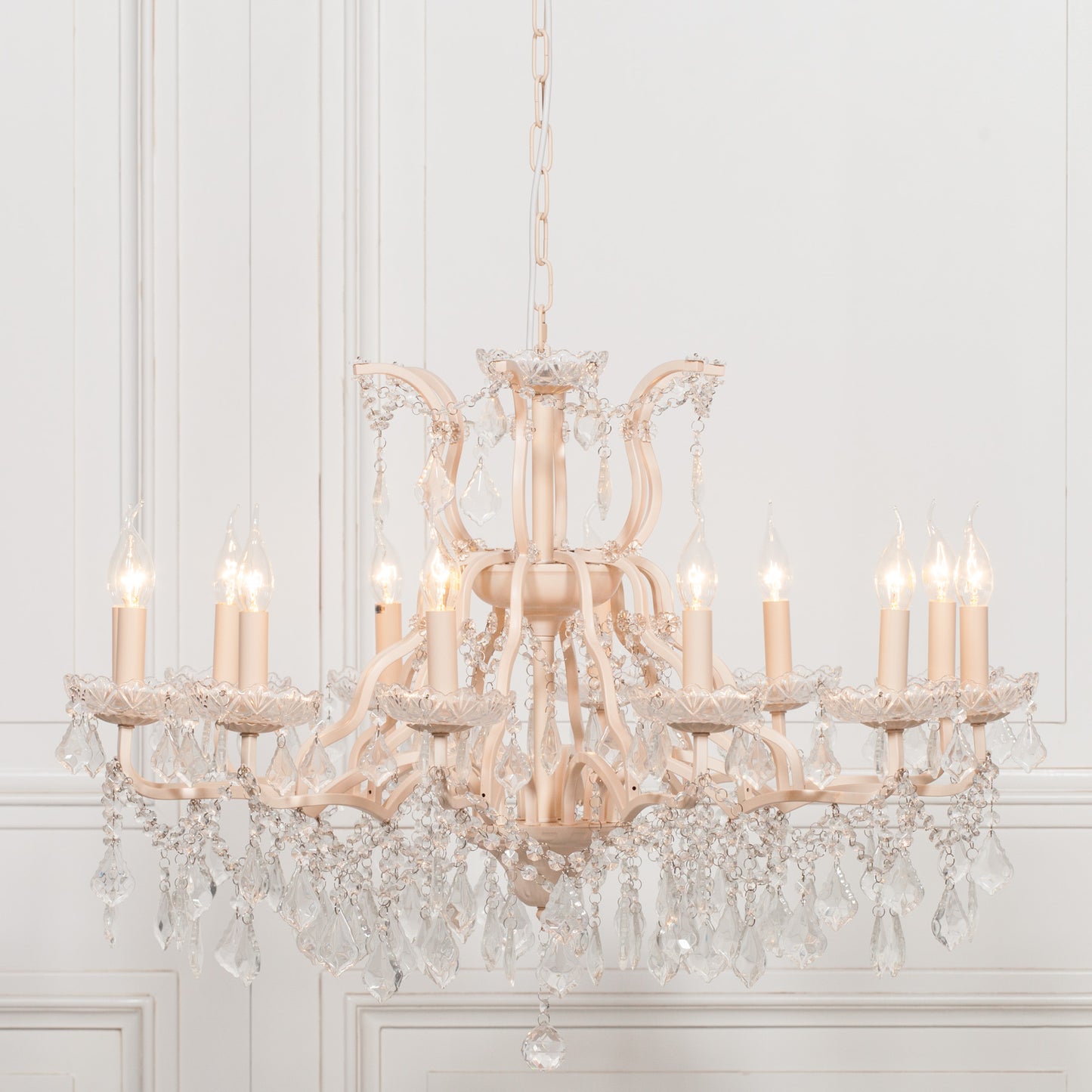 Antiqued Cream 12 Branch Shallow Cut Glass Chandelier
