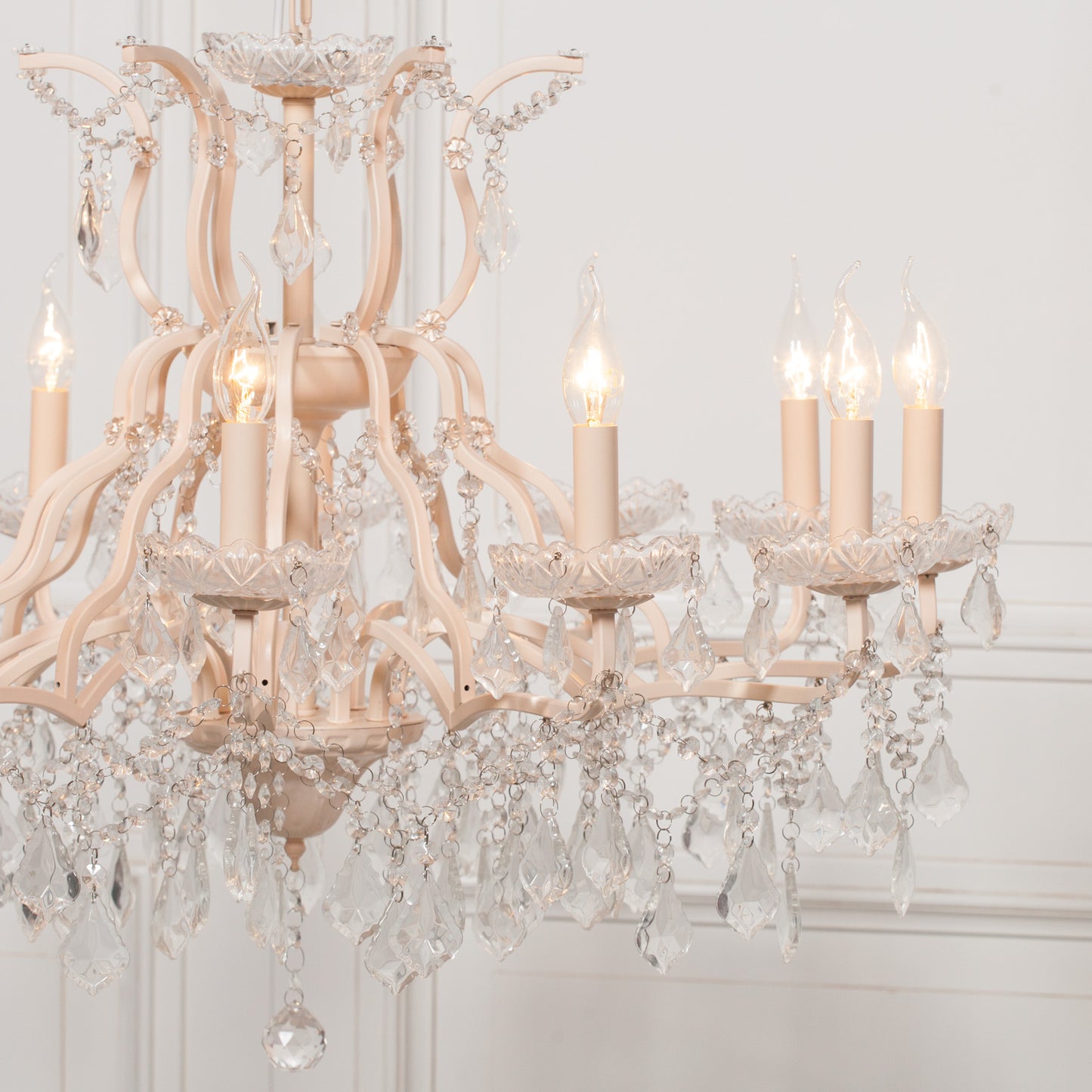 Antiqued Cream 12 Branch Shallow Cut Glass Chandelier