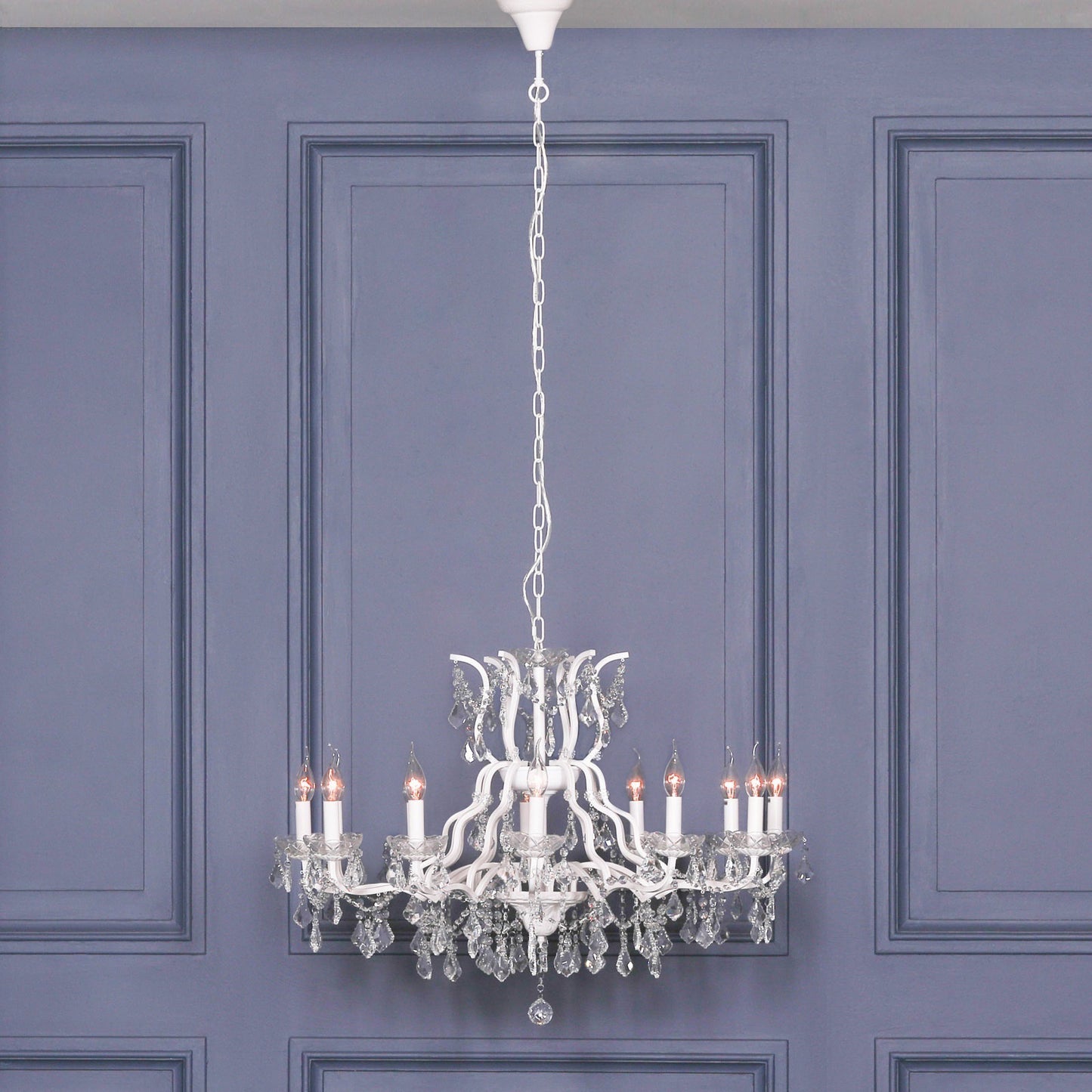 Antiqued White 12 Branch Shallow Cut Glass Chandelier