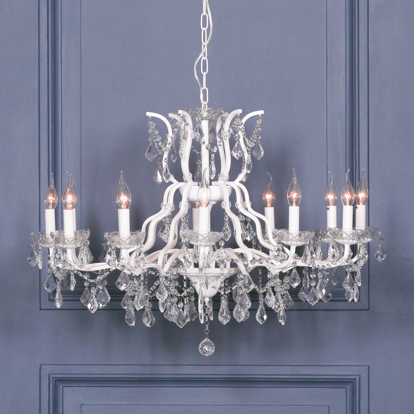 Antiqued White 12 Branch Shallow Cut Glass Chandelier