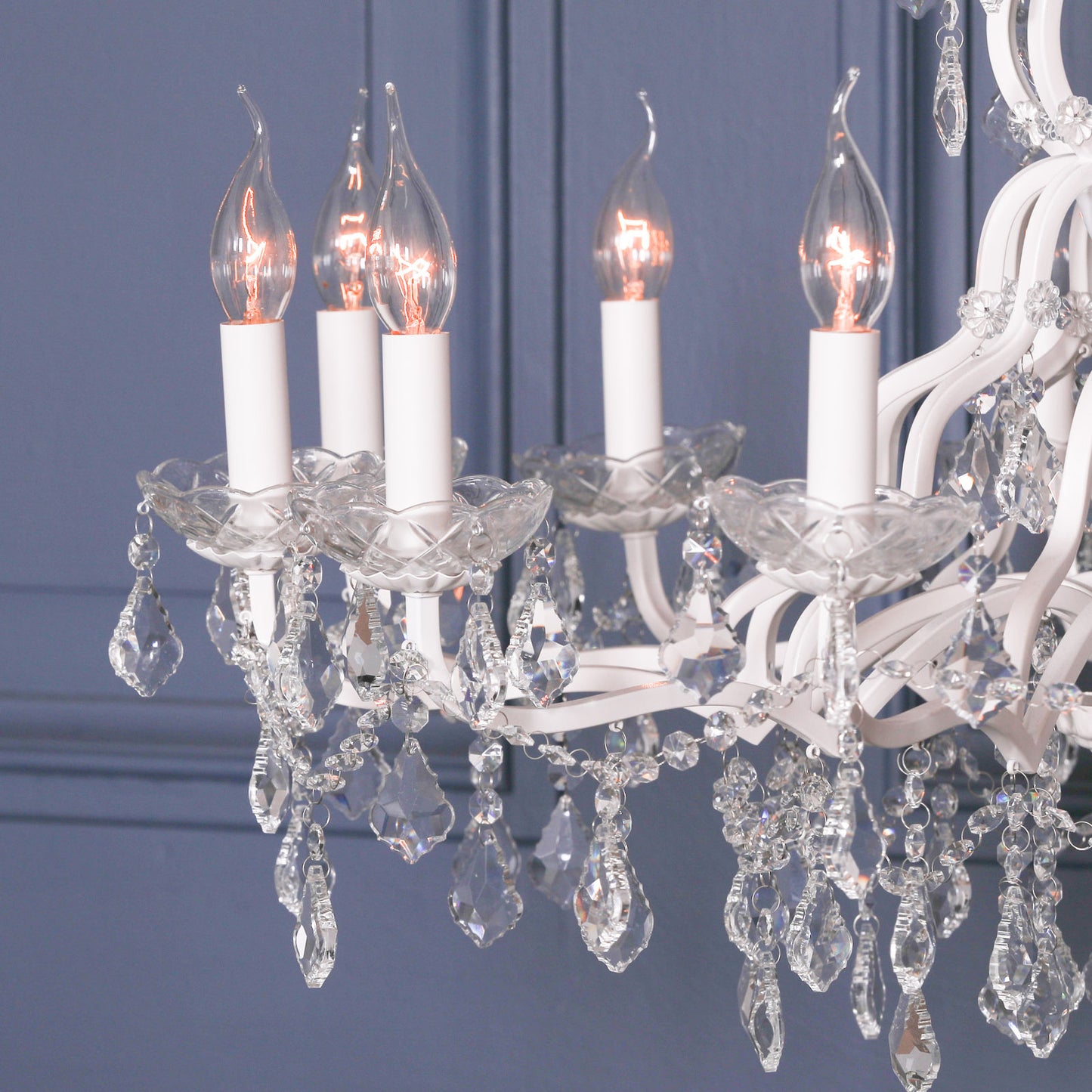 Antiqued White 12 Branch Shallow Cut Glass Chandelier