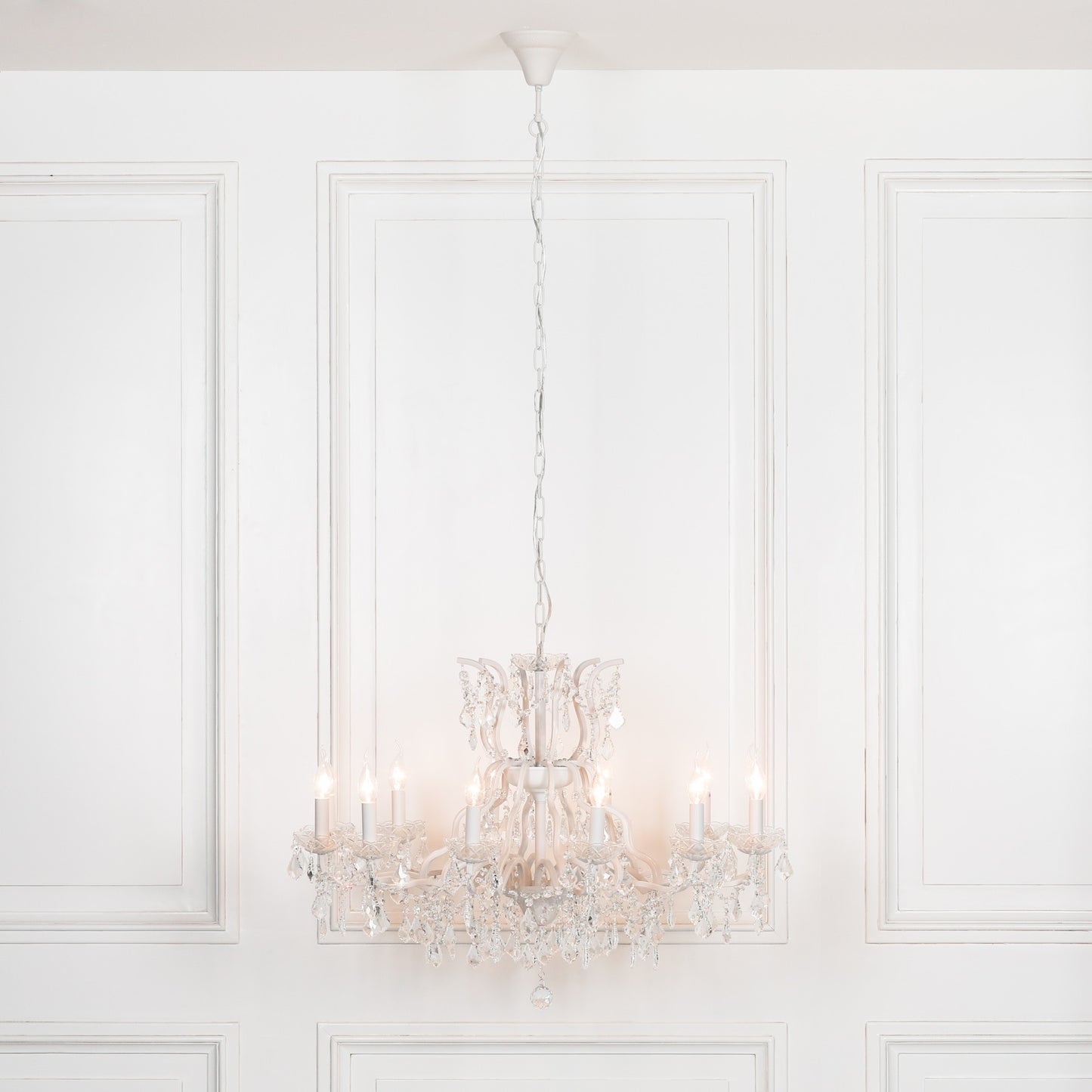 Antiqued White 12 Branch Shallow Cut Glass Chandelier