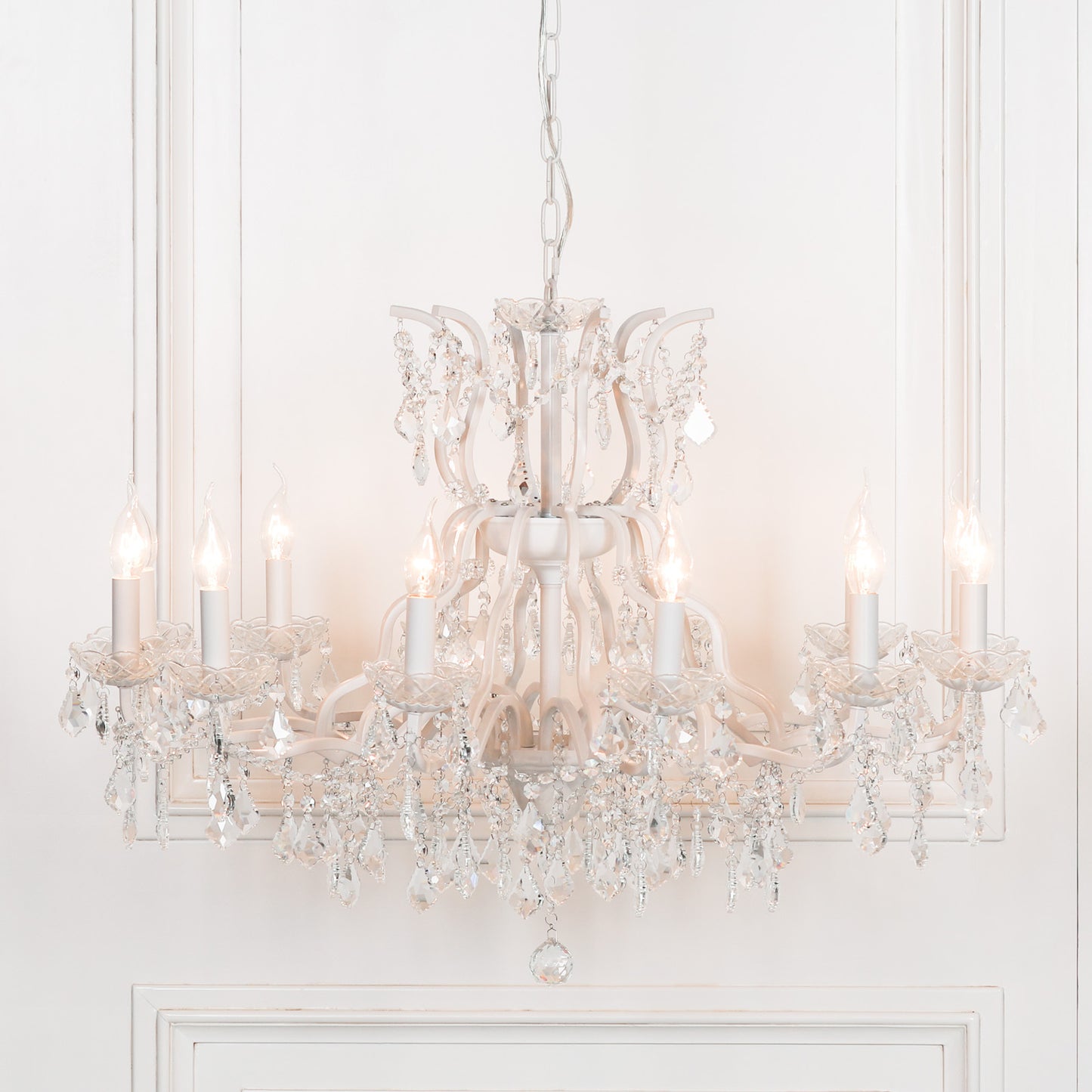 Antiqued White 12 Branch Shallow Cut Glass Chandelier