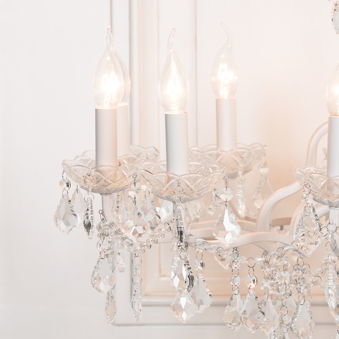 Antiqued White 12 Branch Shallow Cut Glass Chandelier
