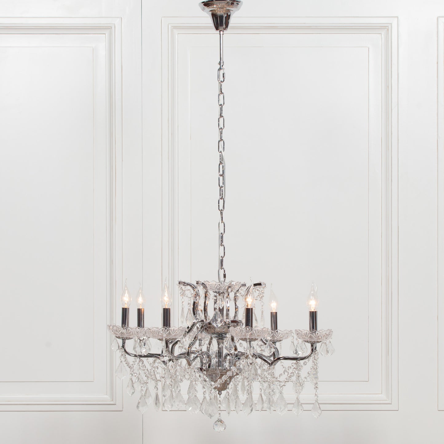 Antique Chrome 8 Branch Shallow Cut Glass Chandelier