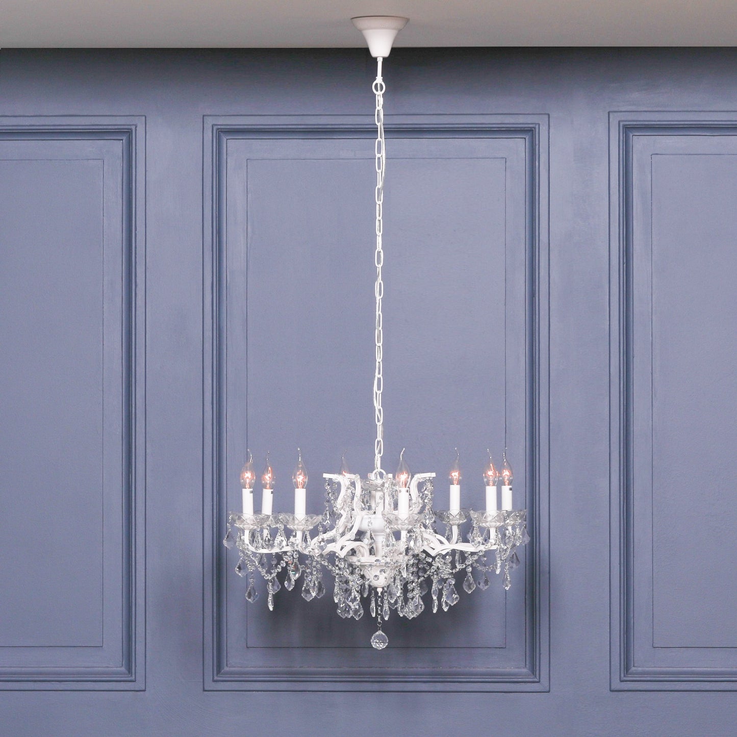 Antique White 8 Branch Shallow Cut Glass Chandelier