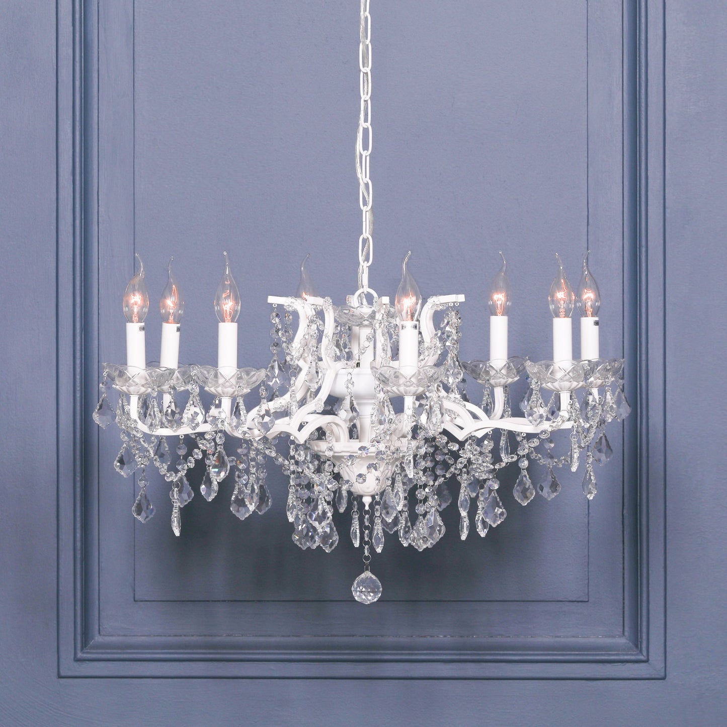 Antique White 8 Branch Shallow Cut Glass Chandelier