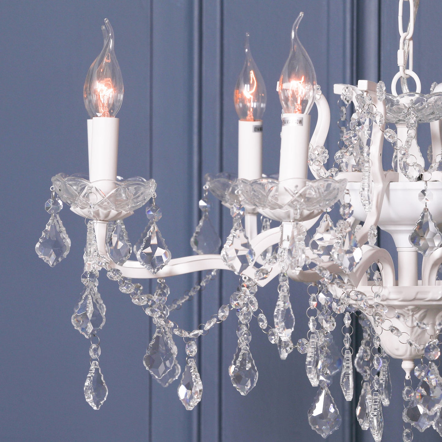 Antique White 8 Branch Shallow Cut Glass Chandelier