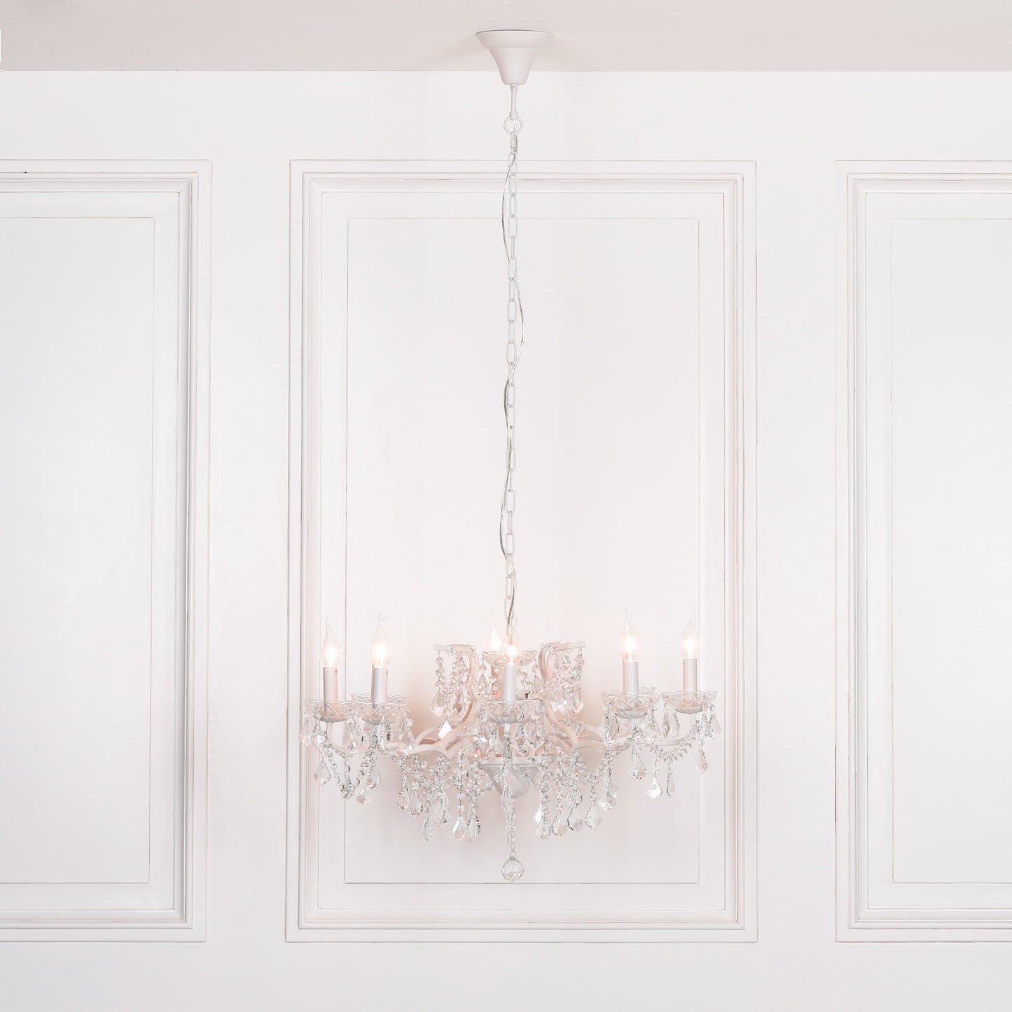 Antique White 8 Branch Shallow Cut Glass Chandelier
