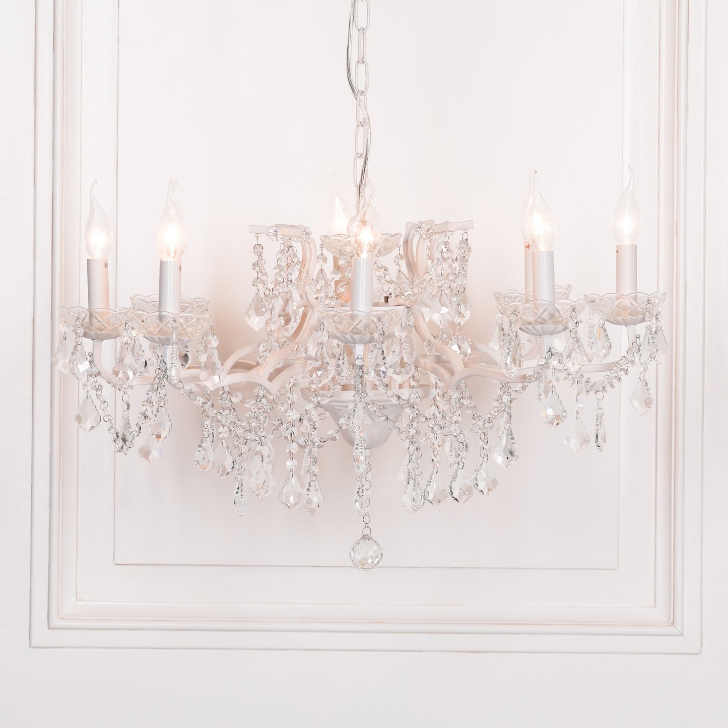 Antique White 8 Branch Shallow Cut Glass Chandelier