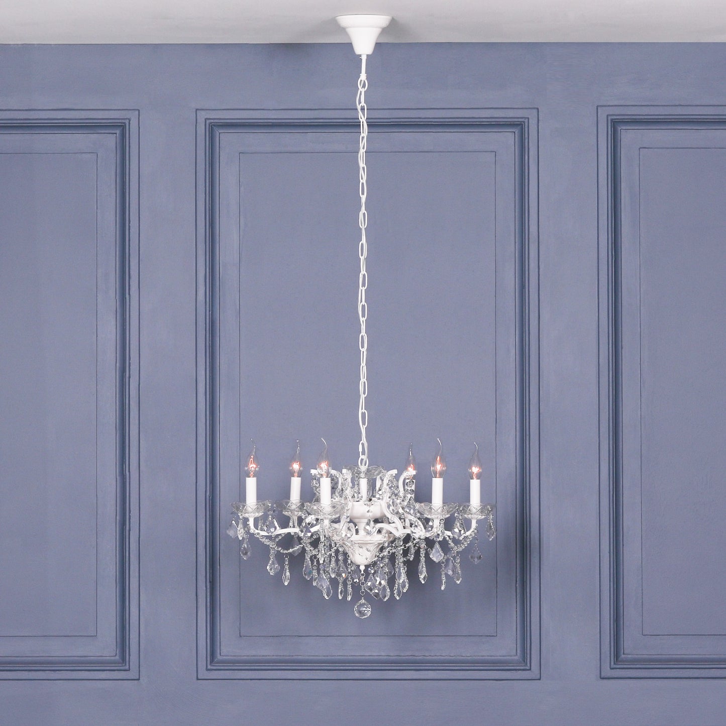 Antique White 6 Branch Shallow Cut Glass Chandelier