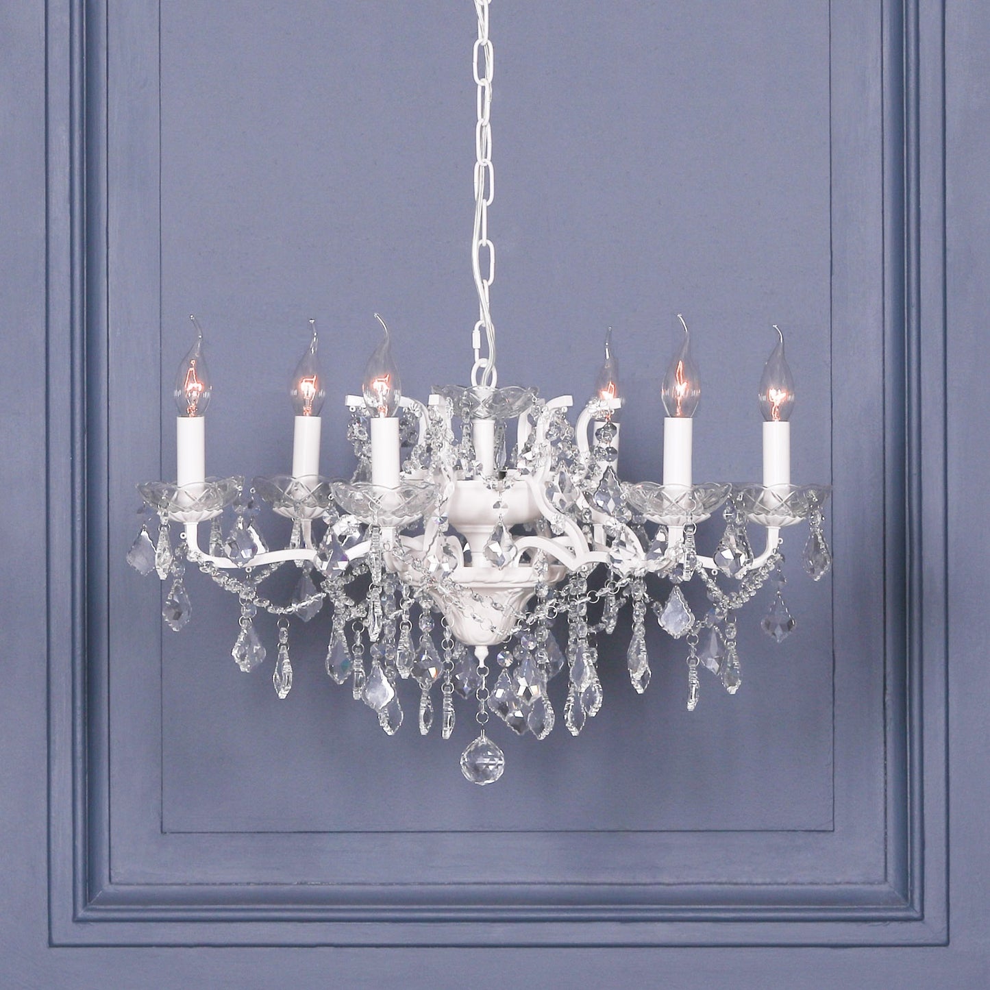 Antique White 6 Branch Shallow Cut Glass Chandelier