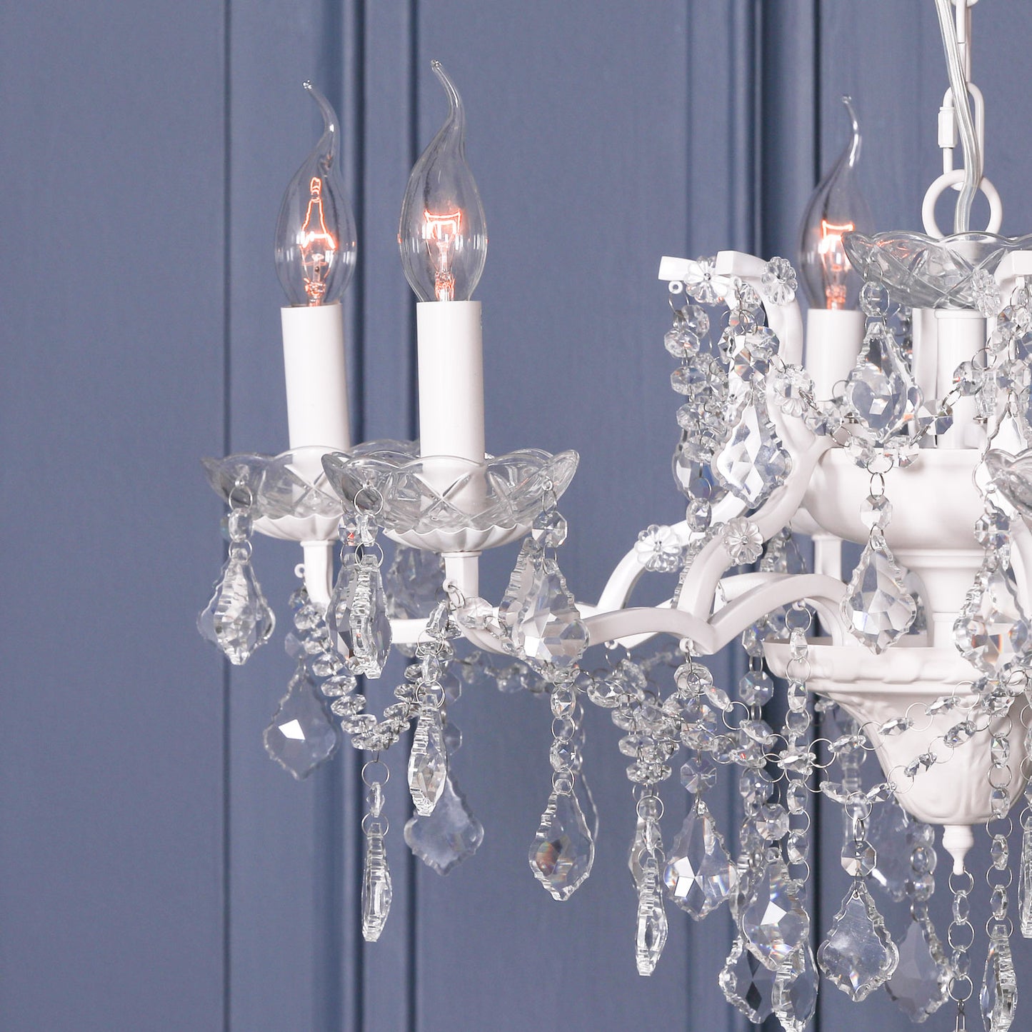 Antique White 6 Branch Shallow Cut Glass Chandelier