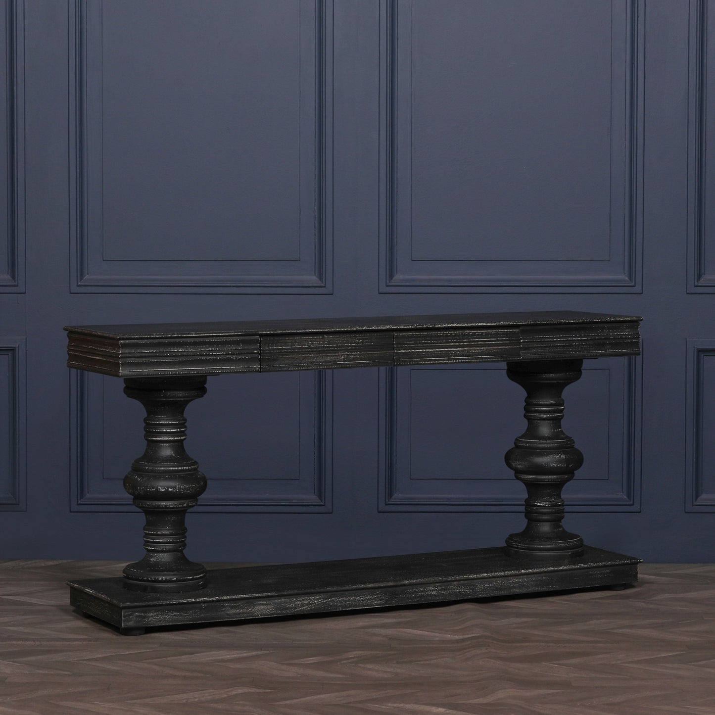 180Cm Black Distressed Console Table With Drawers