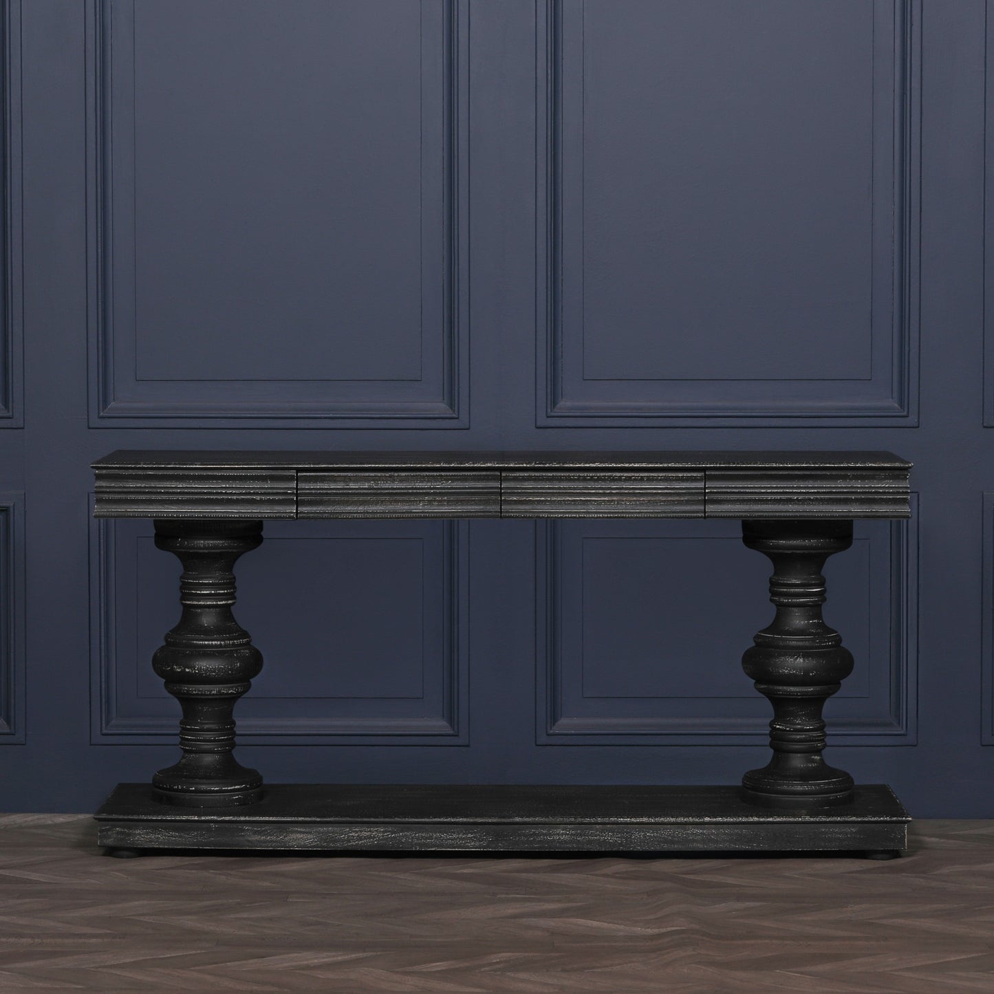 180Cm Black Distressed Console Table With Drawers