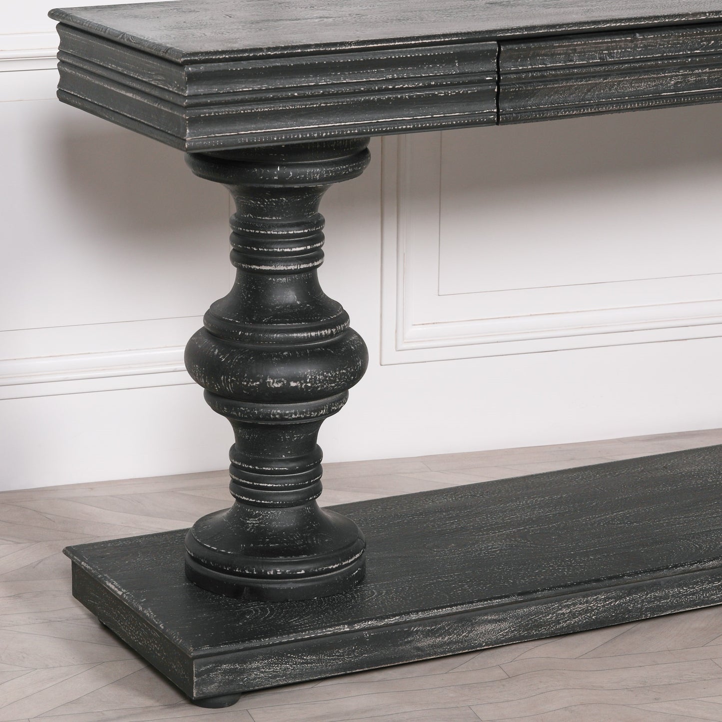 180Cm Black Distressed Console Table With Drawers