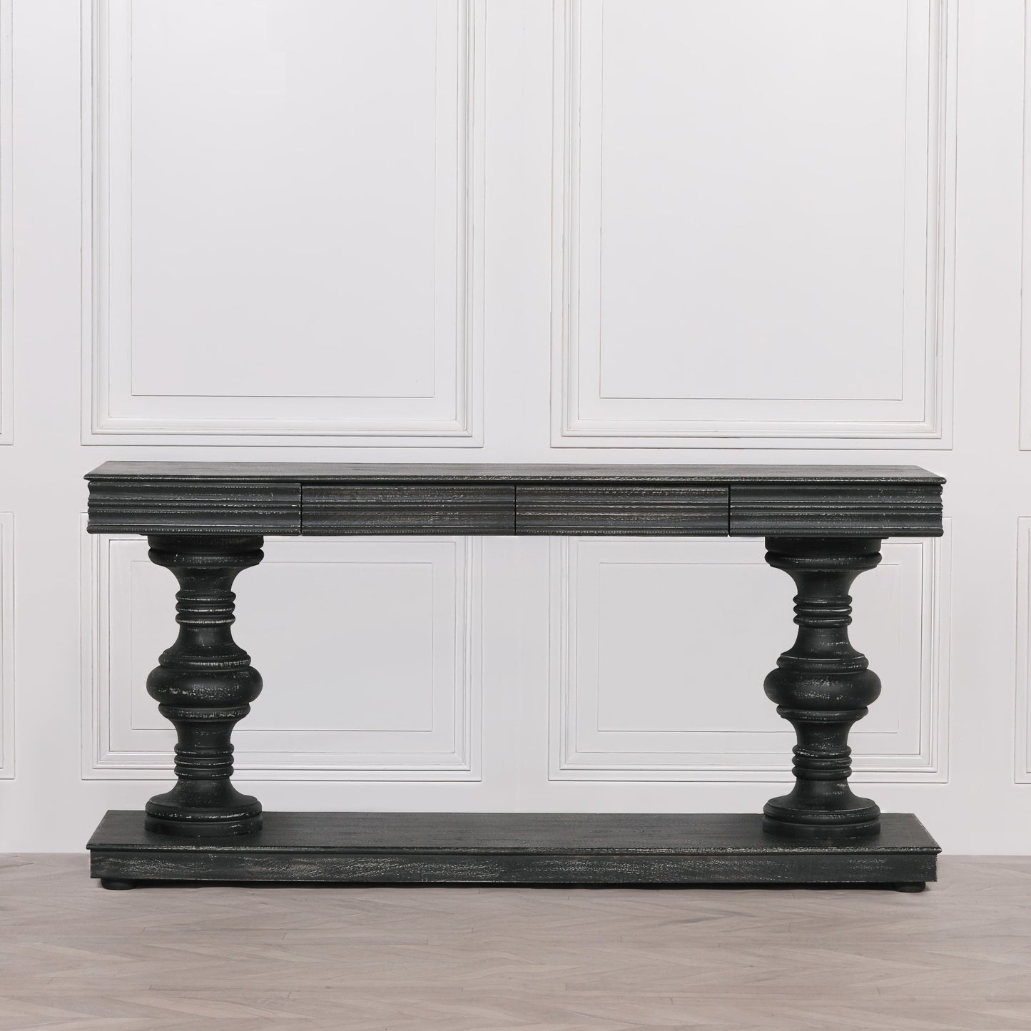 180Cm Black Distressed Console Table With Drawers