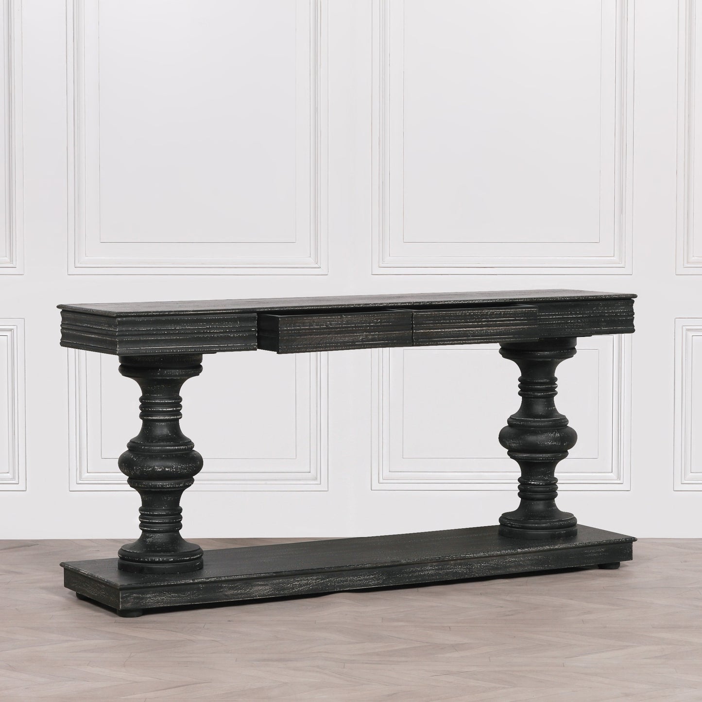 180Cm Black Distressed Console Table With Drawers