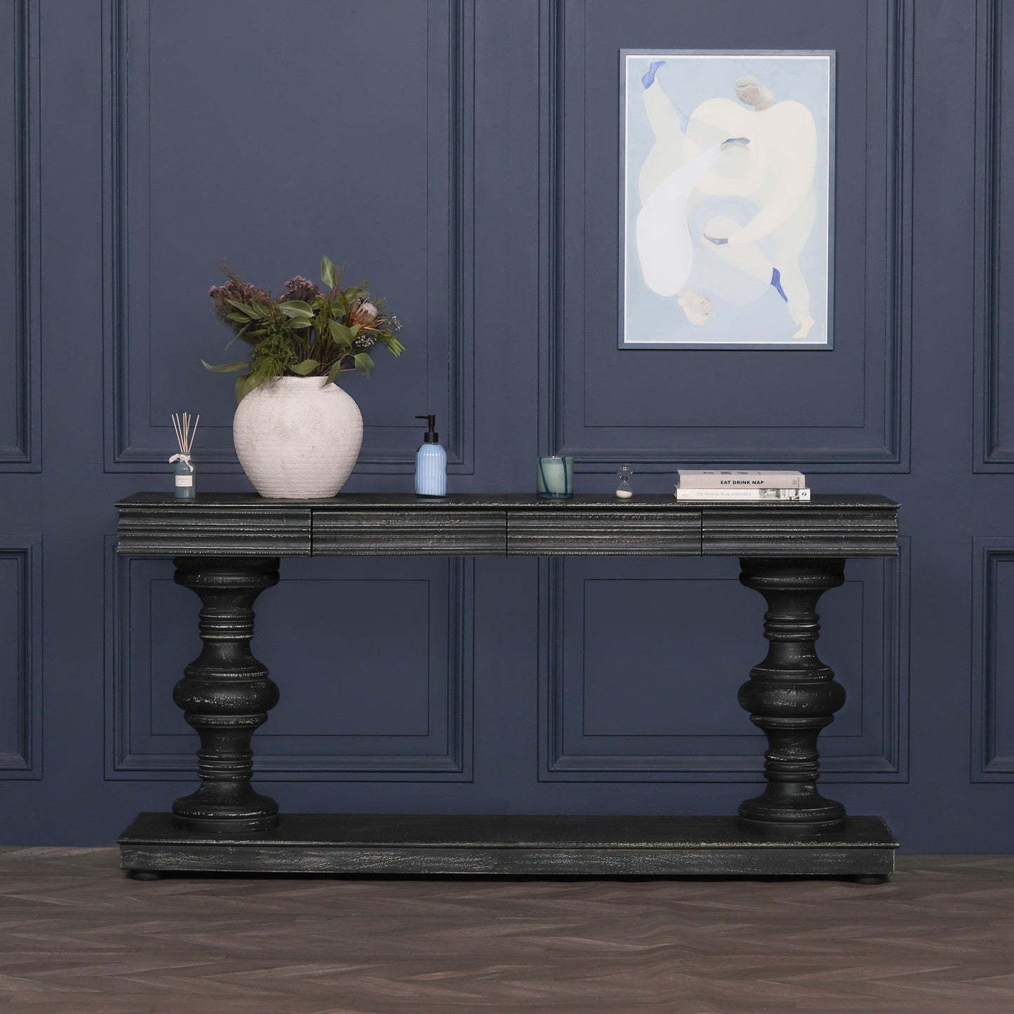 180Cm Black Distressed Console Table With Drawers