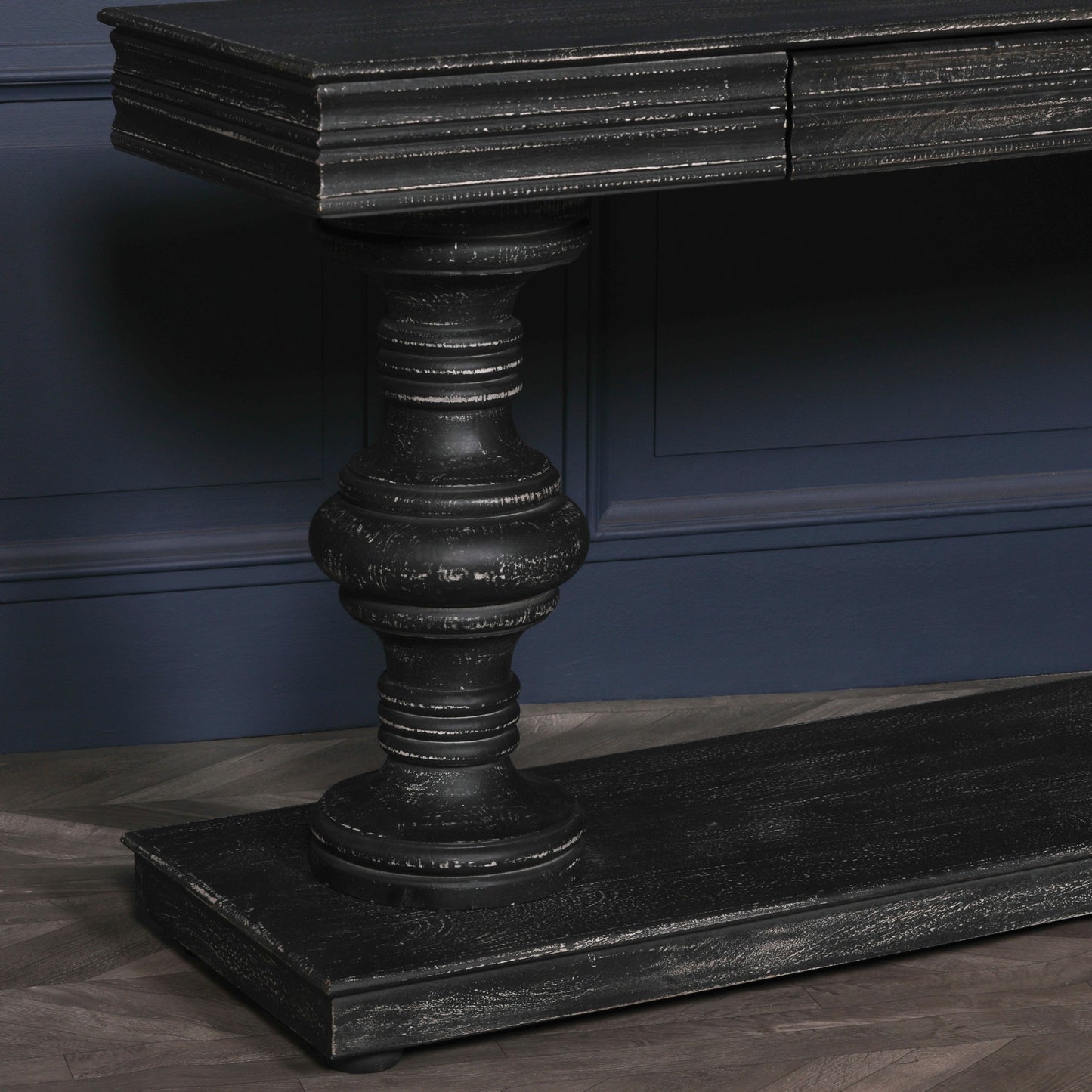 180Cm Black Distressed Console Table With Drawers