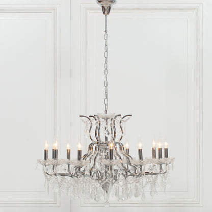 Antiqued Chrome 12 Branch Shallow Cut Glass Chandelier