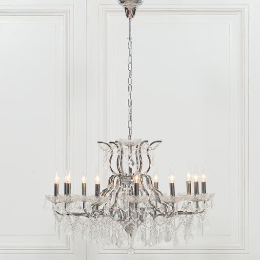 Antiqued Chrome 12 Branch Shallow Cut Glass Chandelier