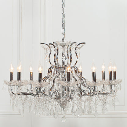 Antiqued Chrome 12 Branch Shallow Cut Glass Chandelier