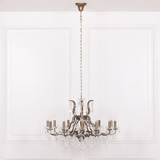 Antiqued Gold 12 Branch Shallow Cut Glass Chandelier