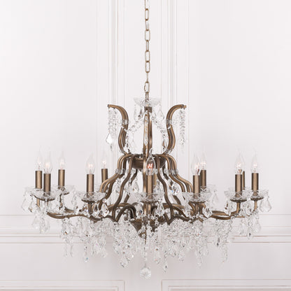 Antiqued Gold 12 Branch Shallow Cut Glass Chandelier