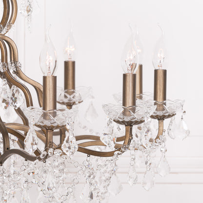Antiqued Gold 12 Branch Shallow Cut Glass Chandelier