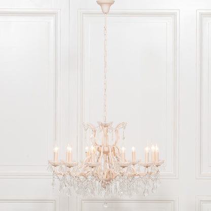 Antiqued Cream 12 Branch Shallow Cut Glass Chandelier