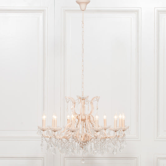 Antiqued Cream 12 Branch Shallow Cut Glass Chandelier