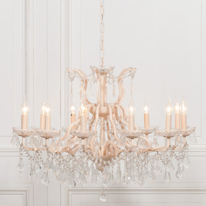 Antiqued Cream 12 Branch Shallow Cut Glass Chandelier