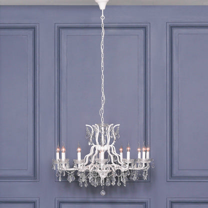 Antiqued White 12 Branch Shallow Cut Glass Chandelier