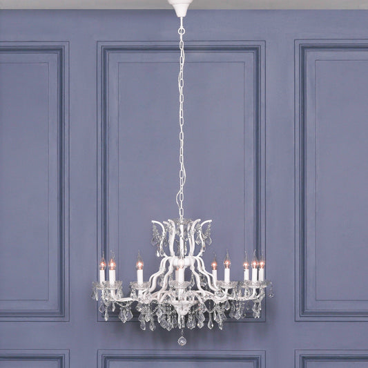 Antiqued White 12 Branch Shallow Cut Glass Chandelier