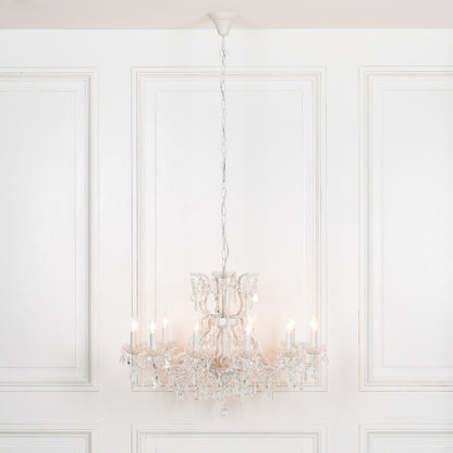 Antiqued White 12 Branch Shallow Cut Glass Chandelier