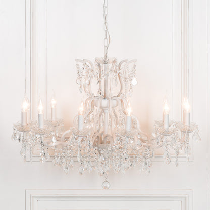 Antiqued White 12 Branch Shallow Cut Glass Chandelier