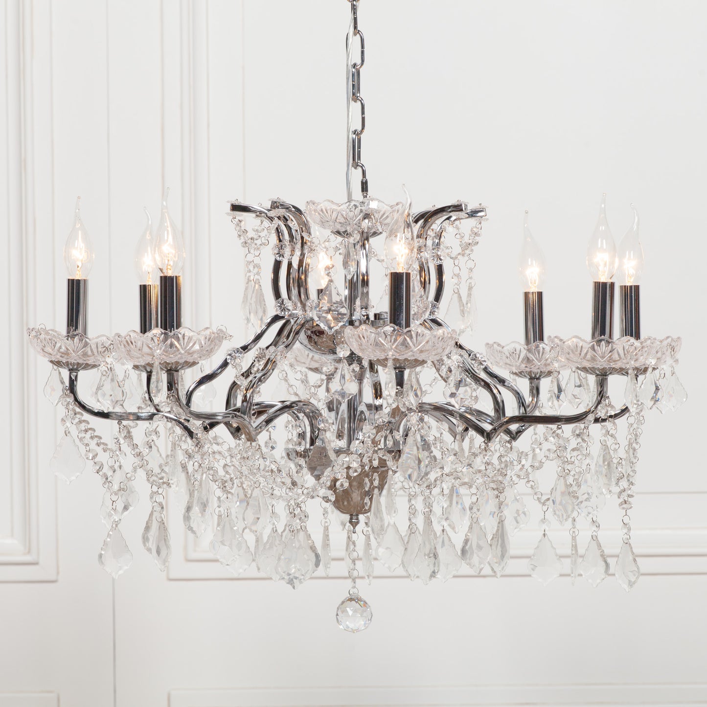 Antique Chrome 8 Branch Shallow Cut Glass Chandelier