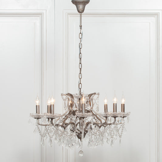 Antique Silver 8 Branch Shallow Cut Glass Chandelier