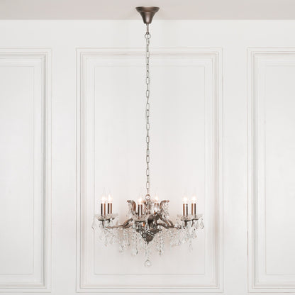 Antique Silver 6 Branch Shallow Cut Glass Chandelier