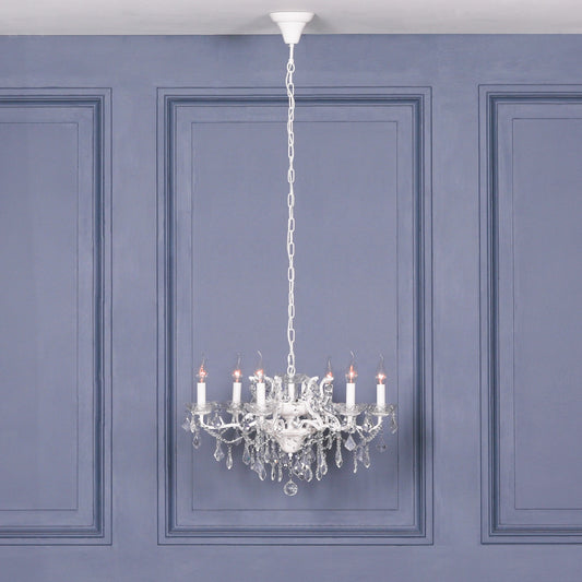 Antique White 6 Branch Shallow Cut Glass Chandelier