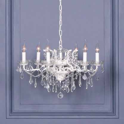 Antique White 6 Branch Shallow Cut Glass Chandelier