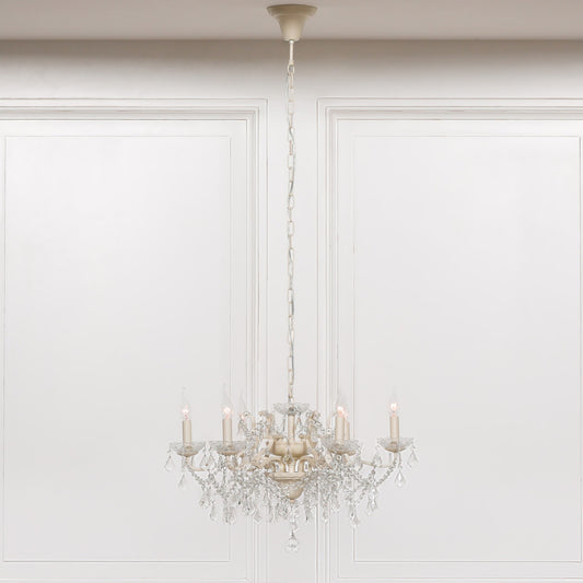 Antique Cream 6 Branch Shallow Cut Glass Chandelier
