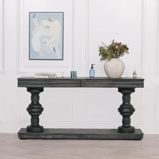 180Cm Black Distressed Console Table With Drawers